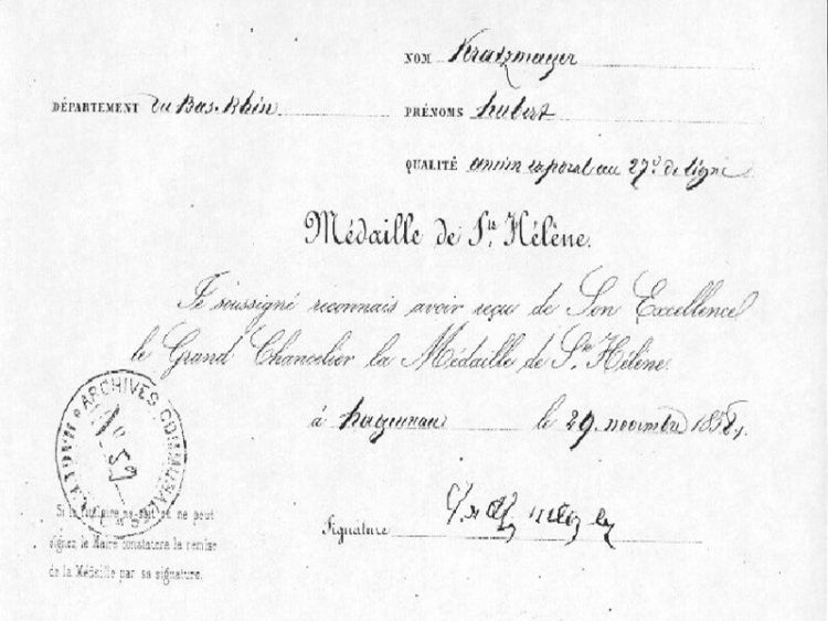 Récépissé de lamédaille de Sainte-Hélène
